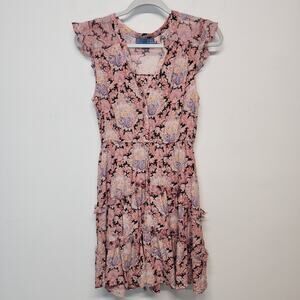 Lie Floral Tiered Flutter Sleeve Babydoll Dress Size 4 100% Silk Raw Hem Cottage